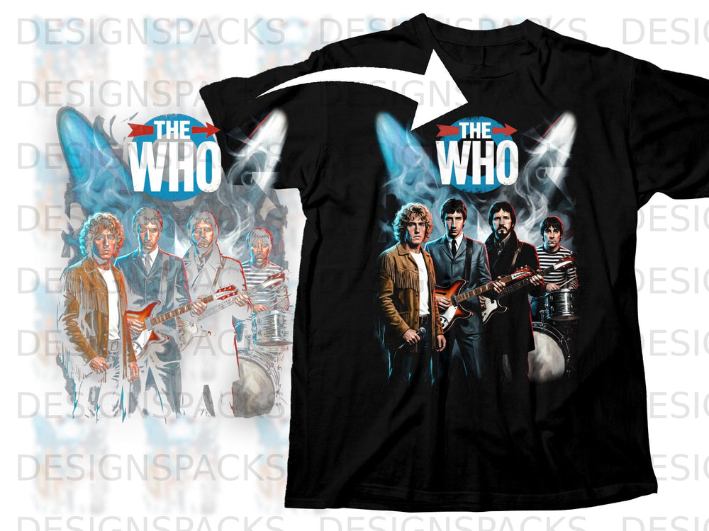 The Who band members in vintage style on a black t-shirt with smoky effects.