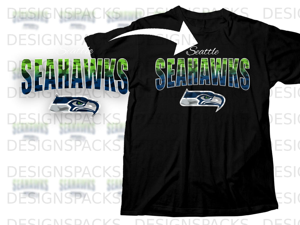 Black t-shirt with Seattle Seahawks logo and camouflage text.