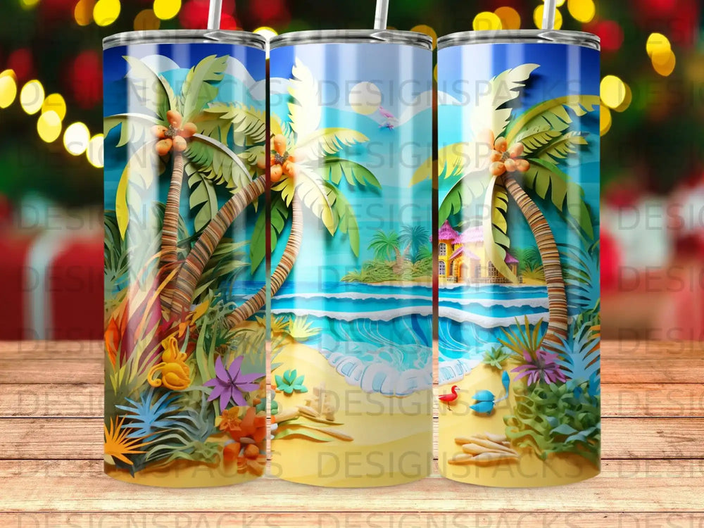 Tropical beach scene with palm trees, ocean, and a pink house.