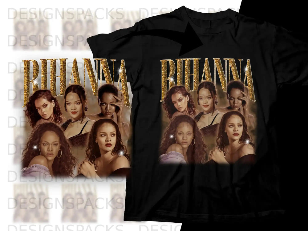 Black t-shirt with Rihanna graphic featuring multiple portraits and "Rihanna" text.