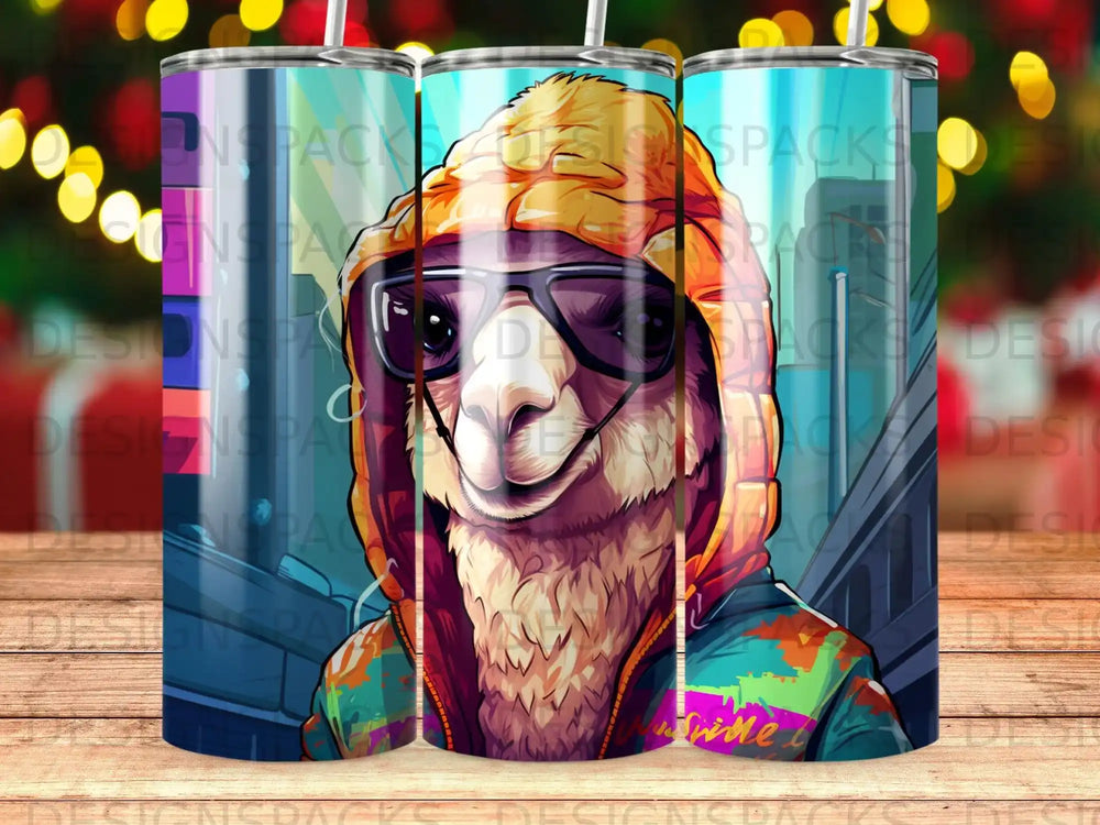 Llama wearing sunglasses and a hoodie, with colorful abstract background.