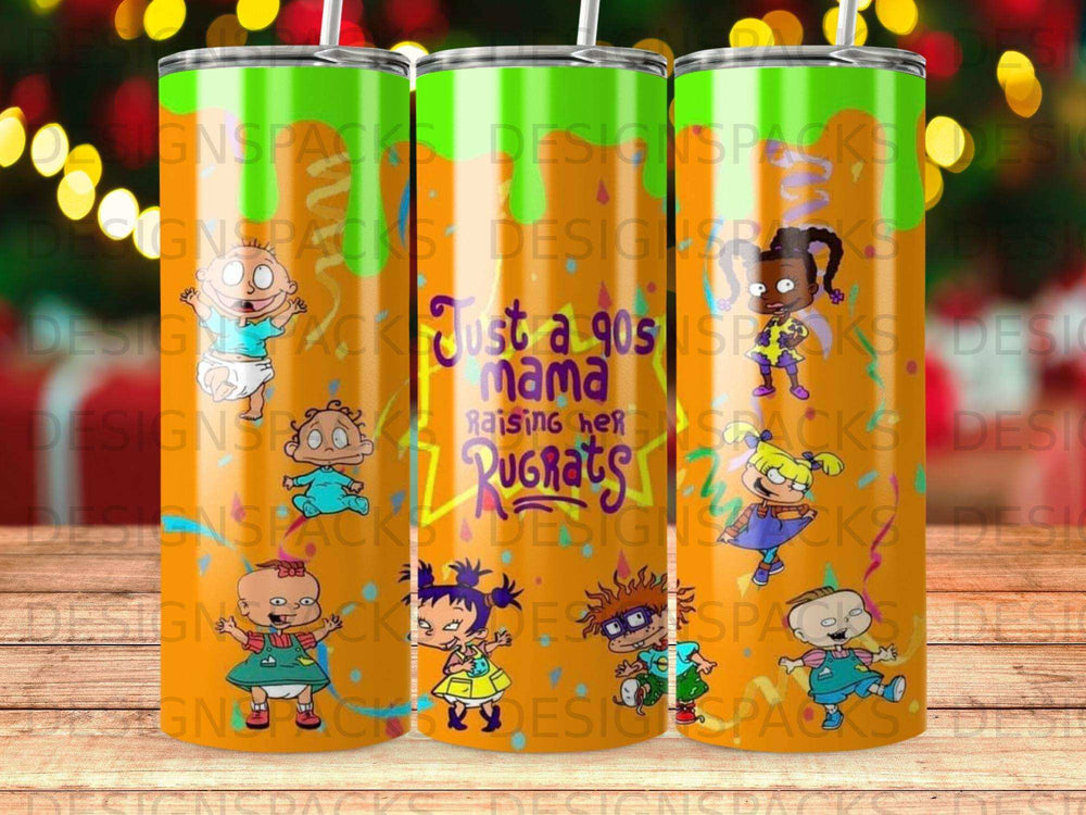 Rugrats and "Just a 90s mama raising her Rugrats" text on tumblers.