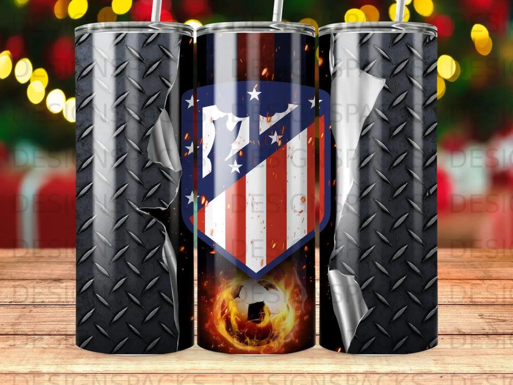Soccer tumbler with Atlético Madrid logo and flaming soccer ball on diamond plate.