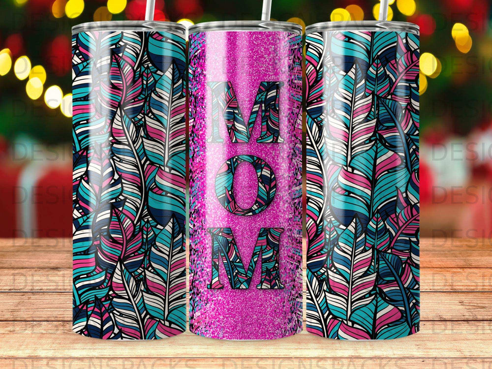 Pink glitter tumbler with "MOM" in large letters, surrounded by feathers.