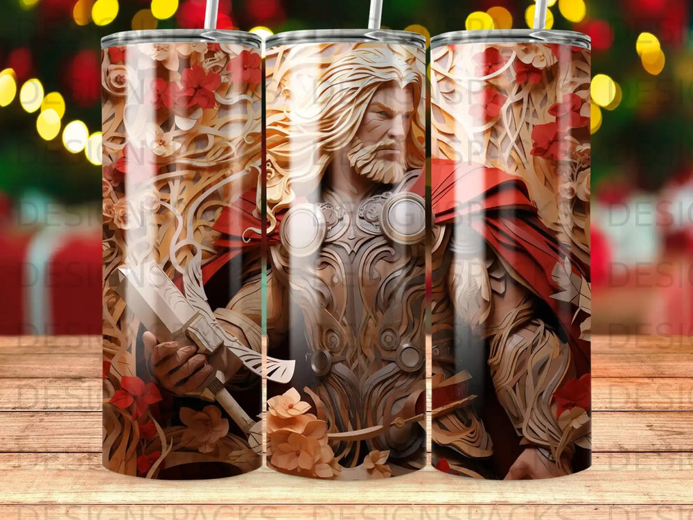 Thor with hammer and red flowers, stylized art.