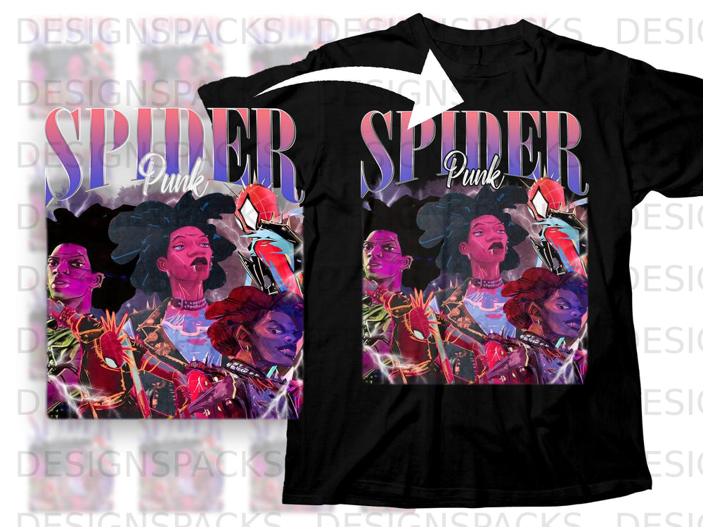 Spider-Punk graphic featuring characters and lightning on a black t-shirt.