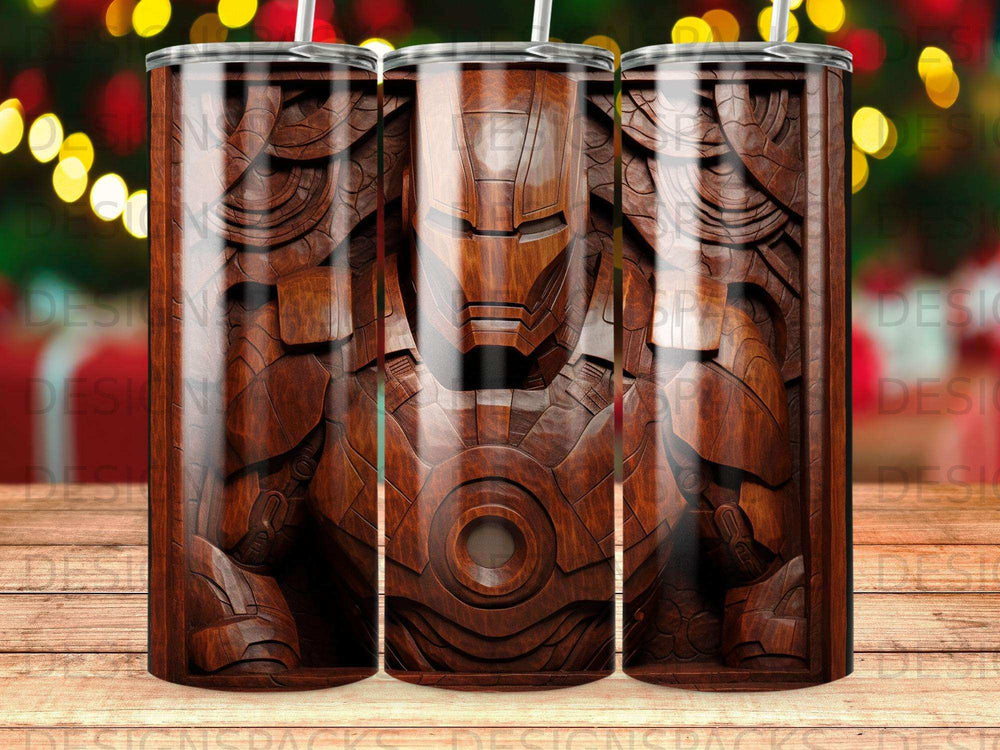 Wood-carved Iron Man helmet and chest piece on a patterned tumbler.