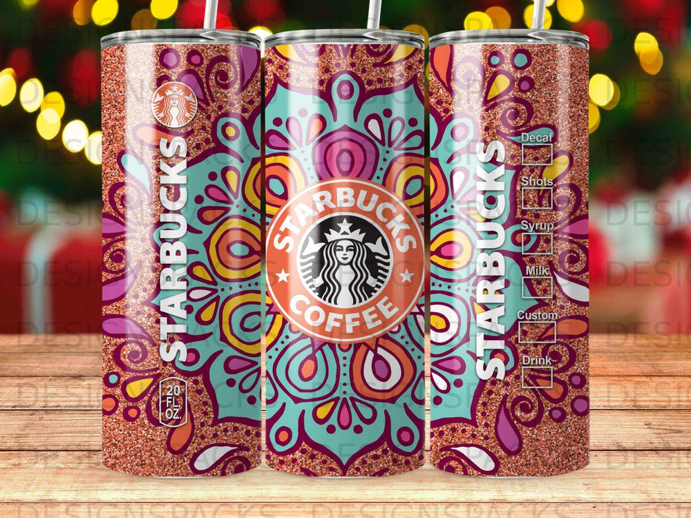 Starbucks tumbler with colorful mandala design and drink options listed.