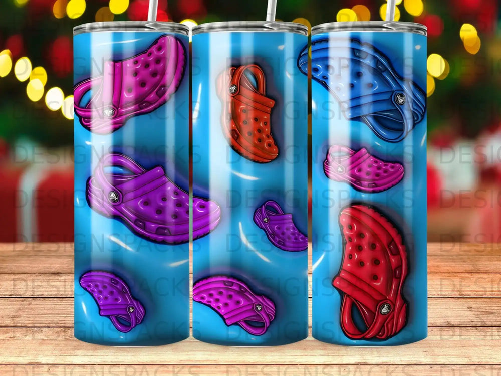 Three stylized purple and pink Crocs on a blue gradient background.