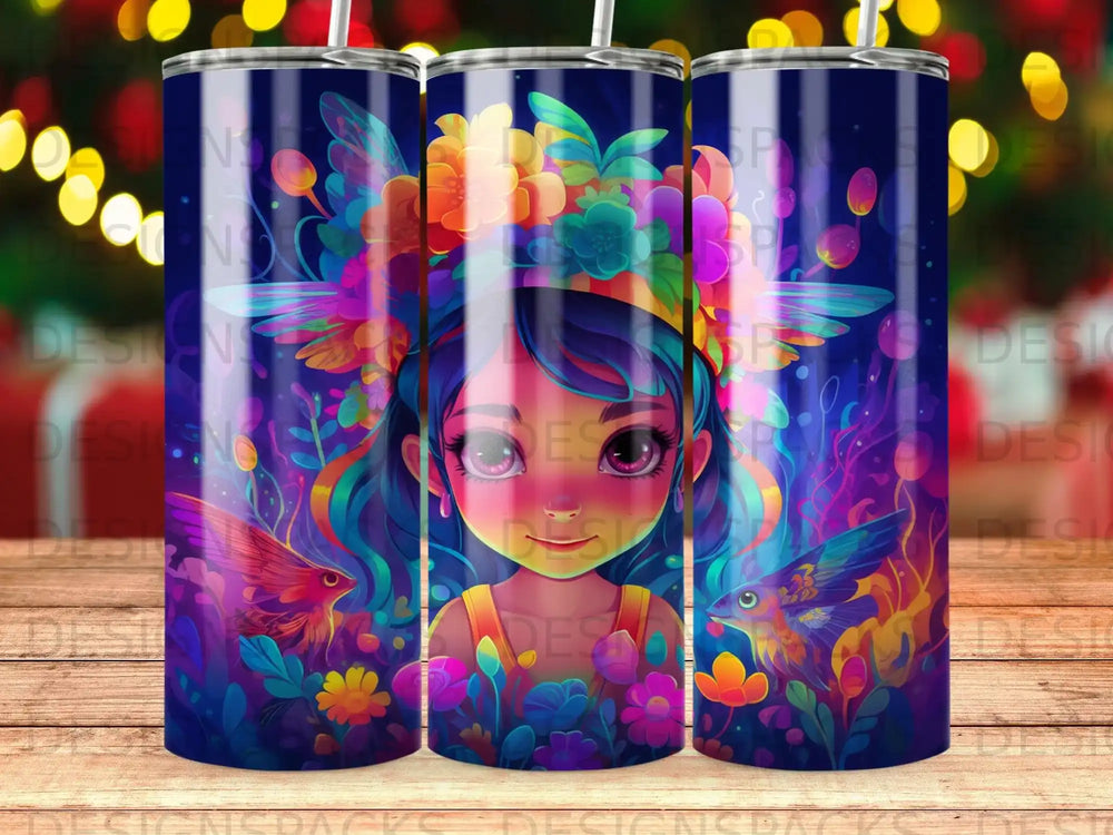Bright, colorful tumbler with a stylized girl's face and birds amidst floral patterns.