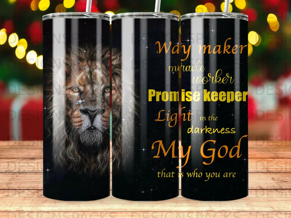 Lion's face with "Way maker, miracle worker, Promise keeper" text.