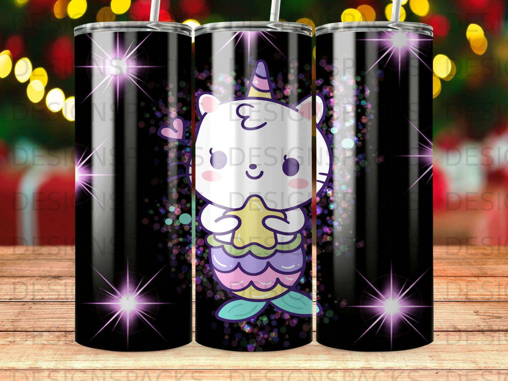 Cute cartoon cat-mermaid with unicorn horn holding star, surrounded by sparkles.