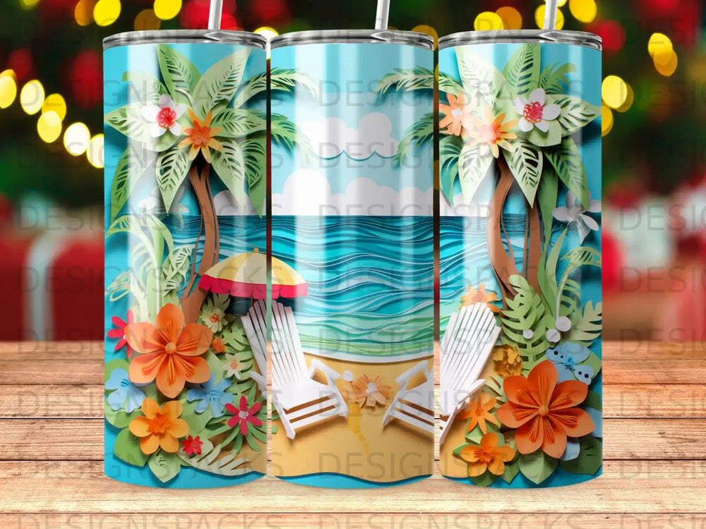 Beach scene with palm trees, chairs, and flowers on a tumbler.