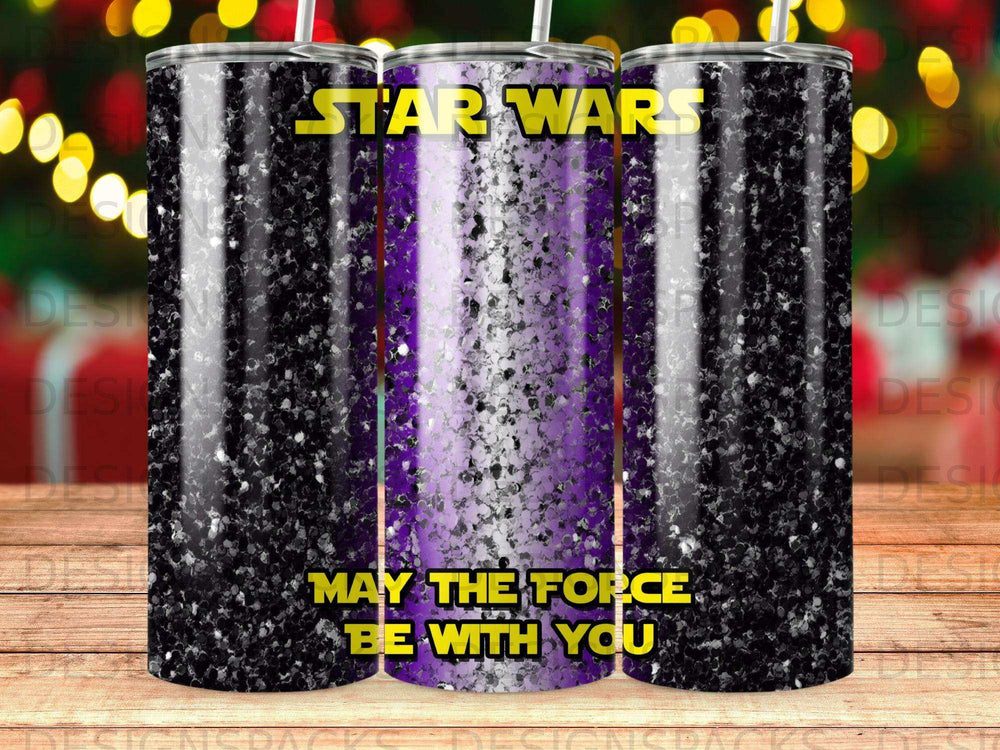 Star Wars tumbler with purple and black glitter and "May the Force Be With You" text.