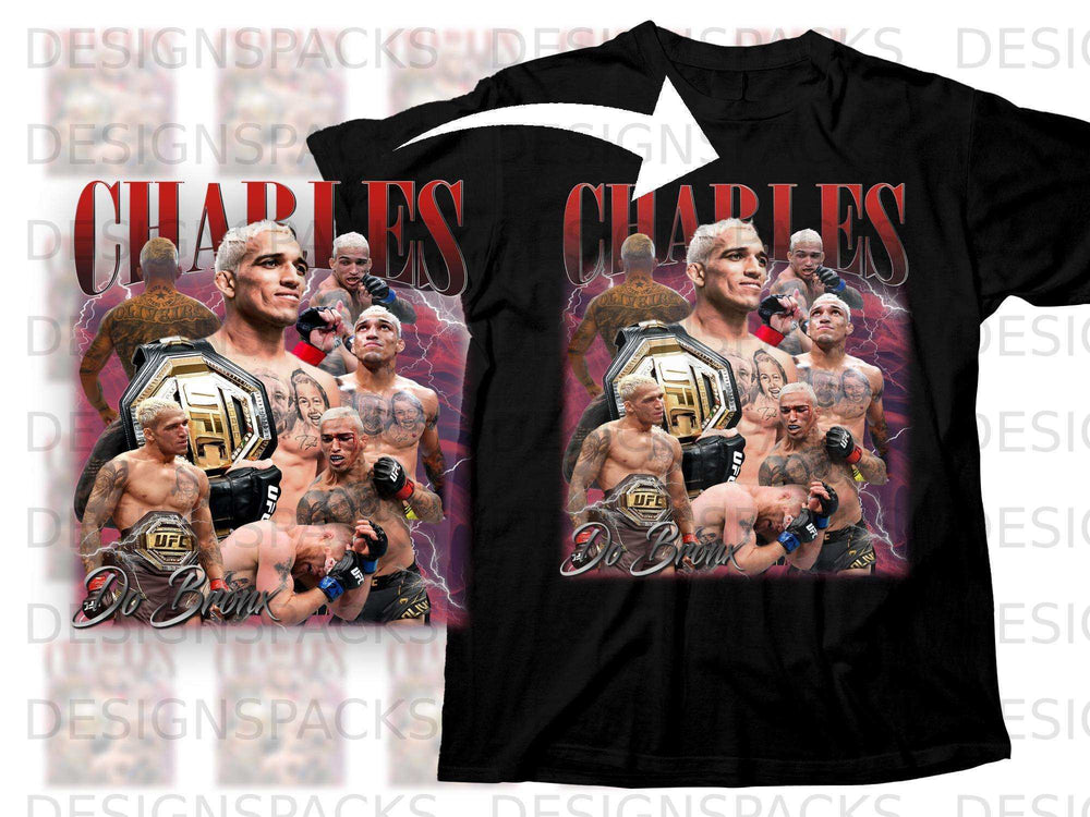 Charles Oliveira UFC champion collage on a black t-shirt with "Do Bronx" text.
