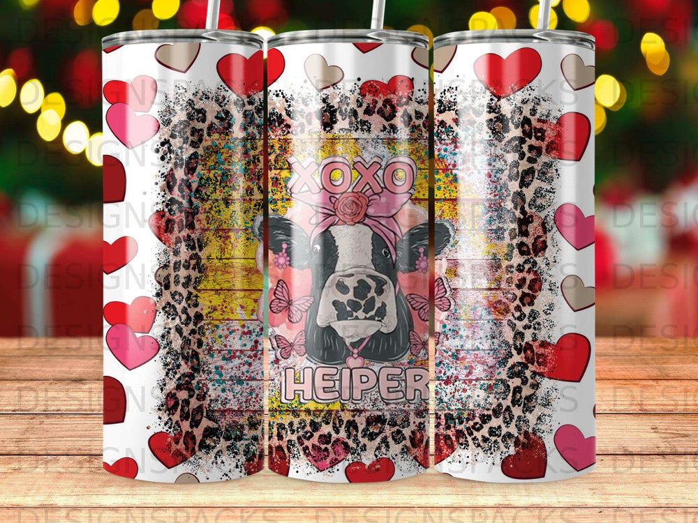 Cow with XO XO pattern, pink bow, and butterflies on Valentine's Day tumbler.