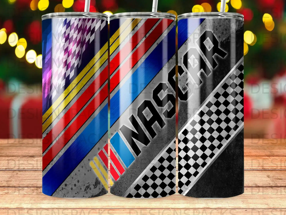 NASCAR checkered flag and racing stripes tumbler.
