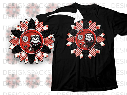 Black t-shirt with a circular Georgia Bulldogs sunflower design featuring a bulldog and helmet.