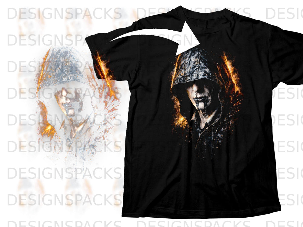 Black t-shirt with a hooded, grim figure graphic and fire effects.