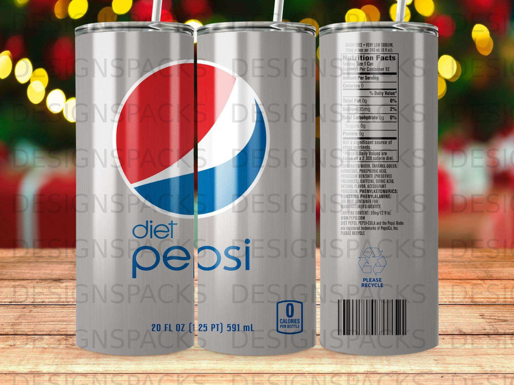 Diet Pepsi 20 fl oz can with nutrition facts and recycling symbol.