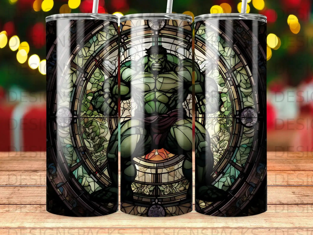 The Hulk in stained glass mosaic, standing heroically.