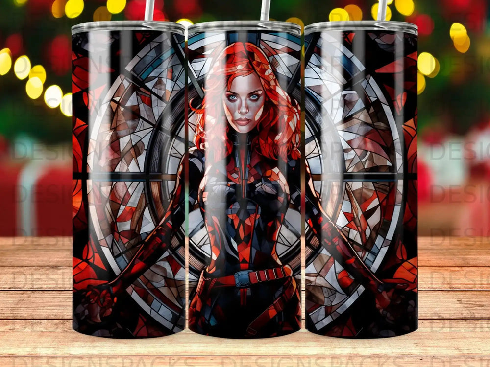 Black Widow in stained glass mosaic, centered on a tumbler.