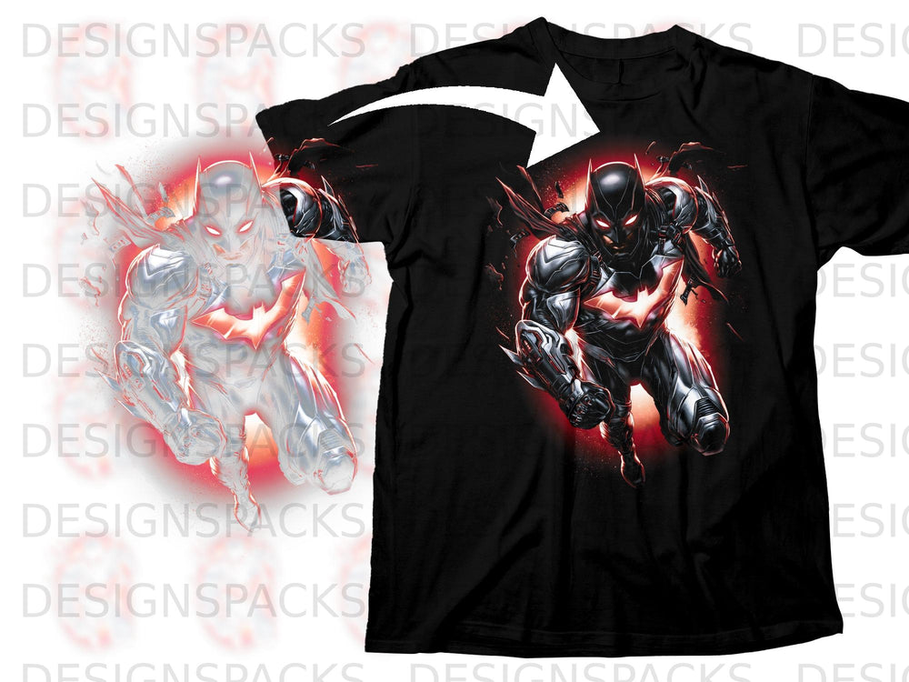Black t-shirt featuring a comic-style Batman Beyond design with glowing red eyes.