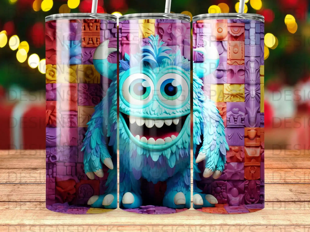 Blue fuzzy monster with big eyes and wide smile on textured background.