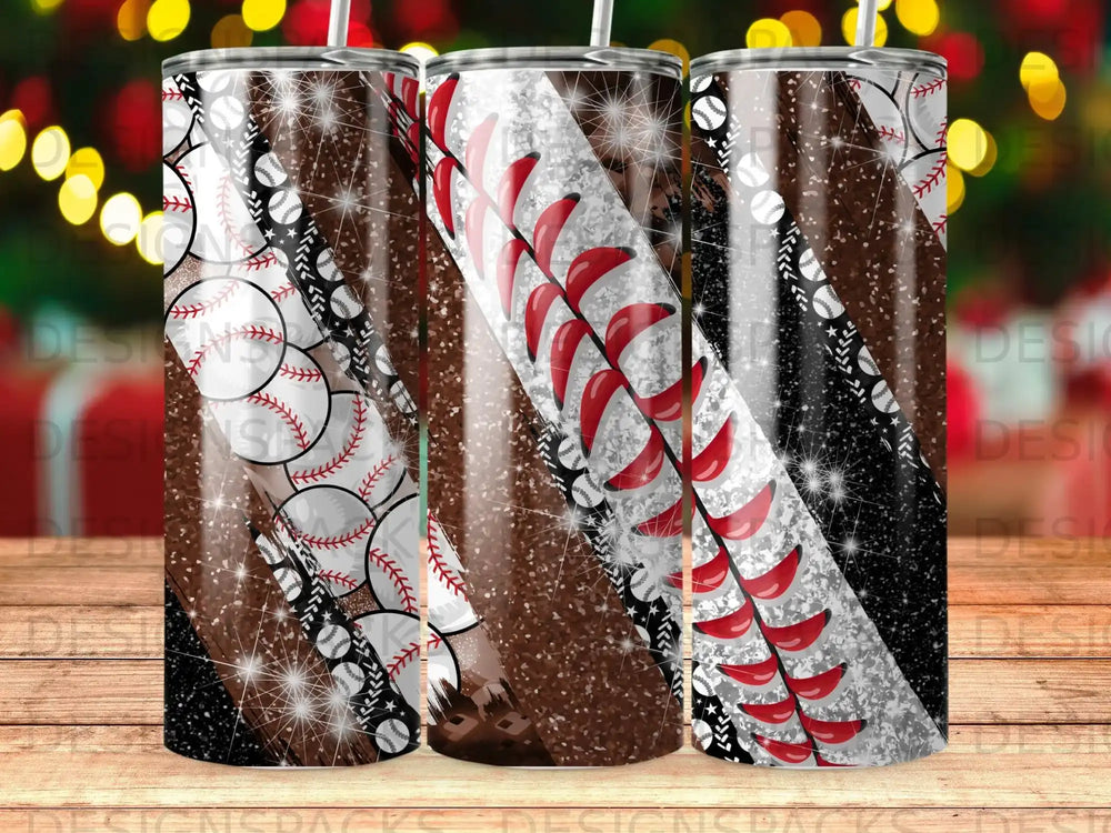 Three tumblers with baseball and glitter designs, featuring red stitching and brown stripes.