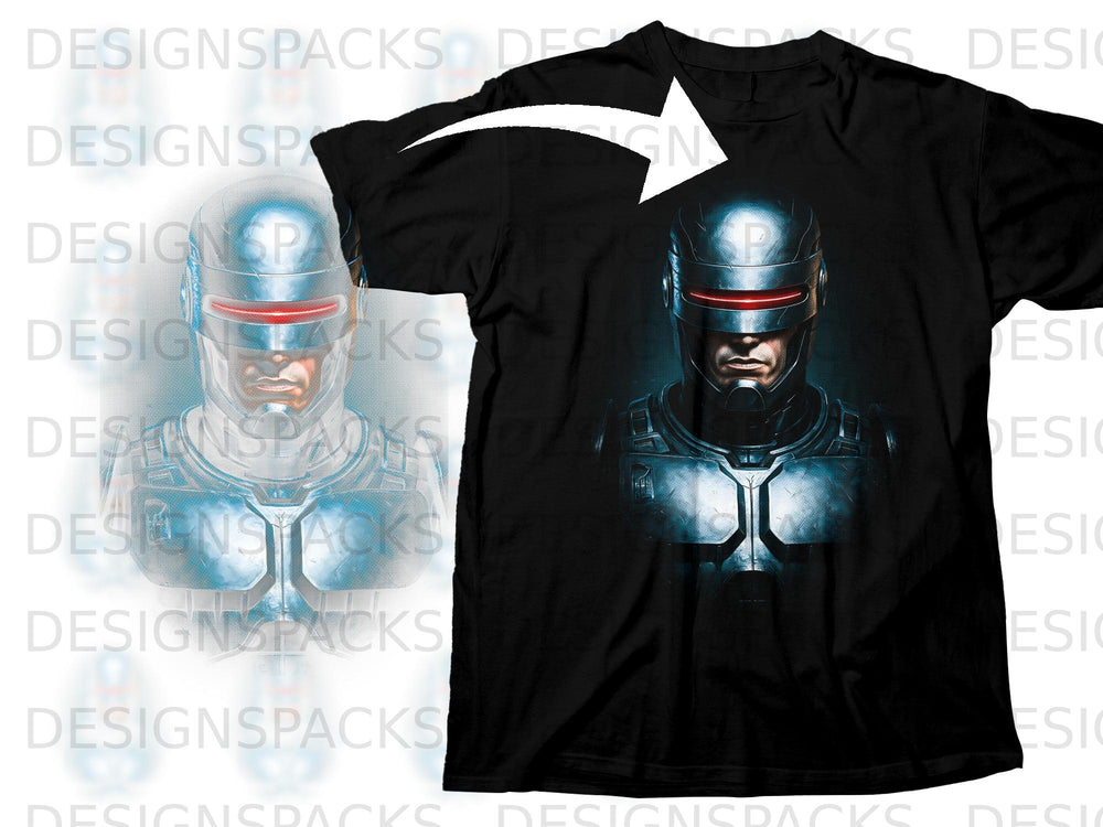 Black t-shirt with a printed image of Robocop's metallic face and chest.