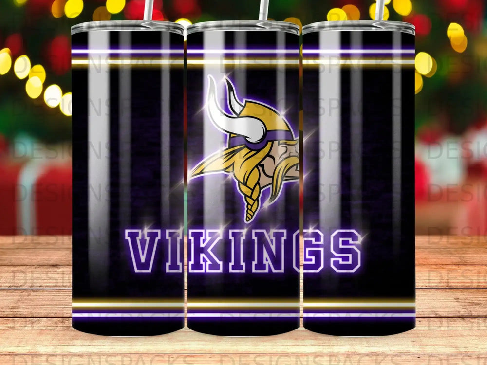 Vikings logo on a dark tumbler with purple and gold accents.