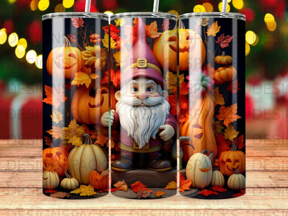 Gnome surrounded by pumpkins and fall leaves on a dark, festive background.