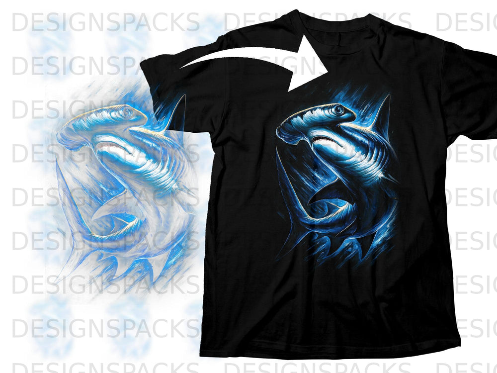 Black t-shirt with a blue, glowing hammerhead shark graphic on the front.