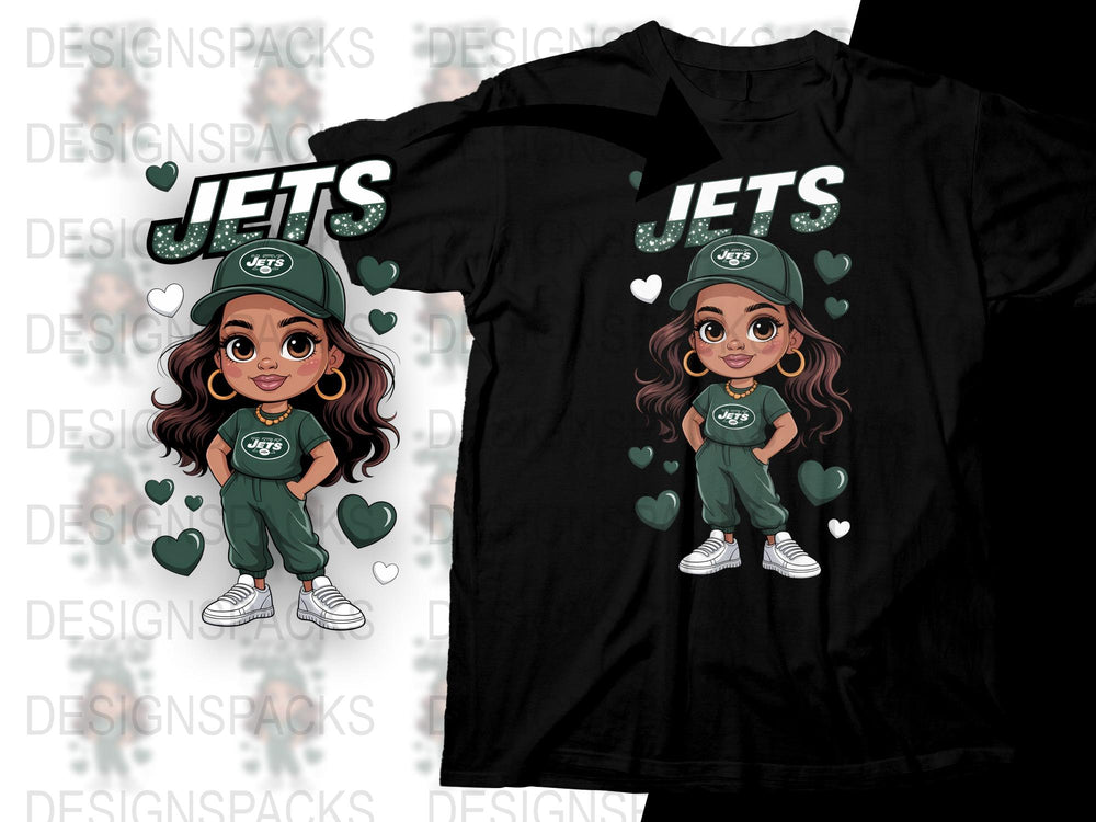 Cute Cartoon Girl Jets Fan T-Shirt, Trendy Sports Team Support Tee, Youthful Graphic Style Apparel
