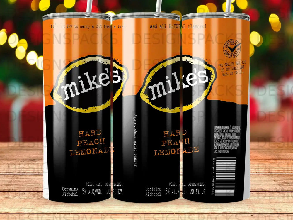 Two cans of Mike's Hard Peach Lemonade with nutrition and ingredient information.