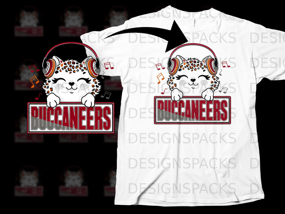 Cartoon leopard wearing headphones with "BUCCANEERS" text.