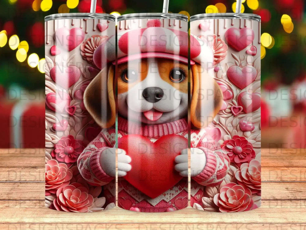 Dog in heart sweater holding red heart with floral background.