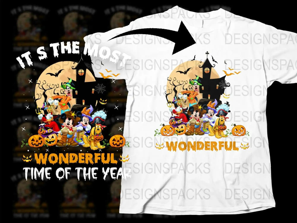 Halloween Cartoon Characters T-Shirt, Spooky Fun Holiday Graphic Tee, Full Moon Pumpkin Design