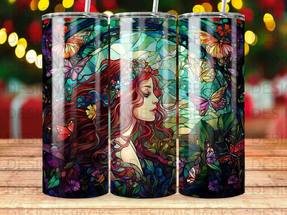 Woman with flowing red hair surrounded by colorful stained glass butterflies and foliage.