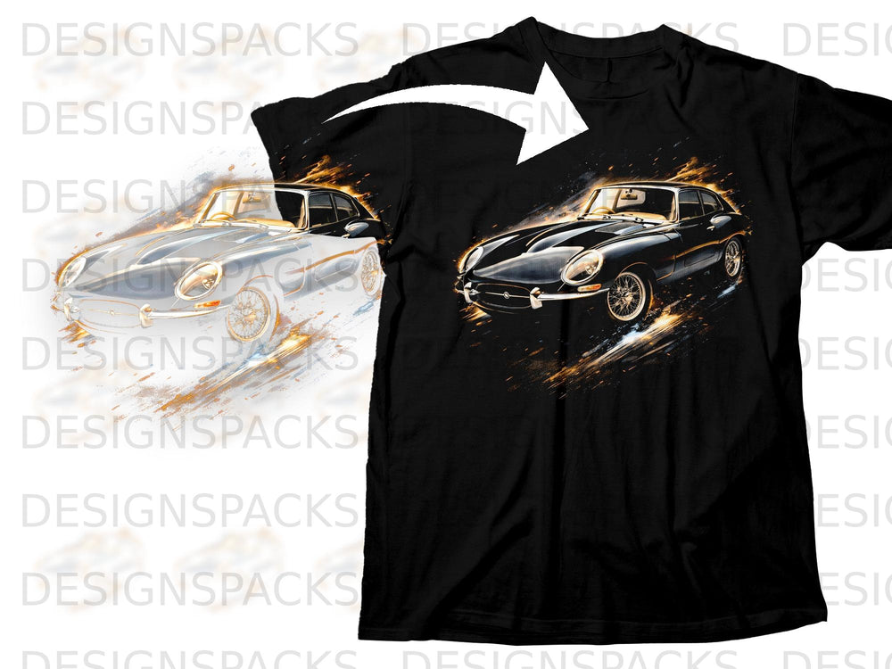 Black t-shirt with a graphic of a vintage black car with fire effects.
