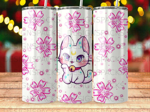 White tumbler with cartoon cat and pink floral pattern.