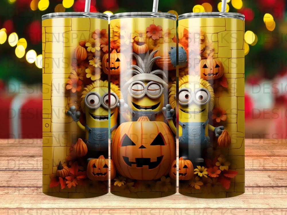 Minions in overalls hold a jack-o'-lantern with pumpkins and autumn leaves.