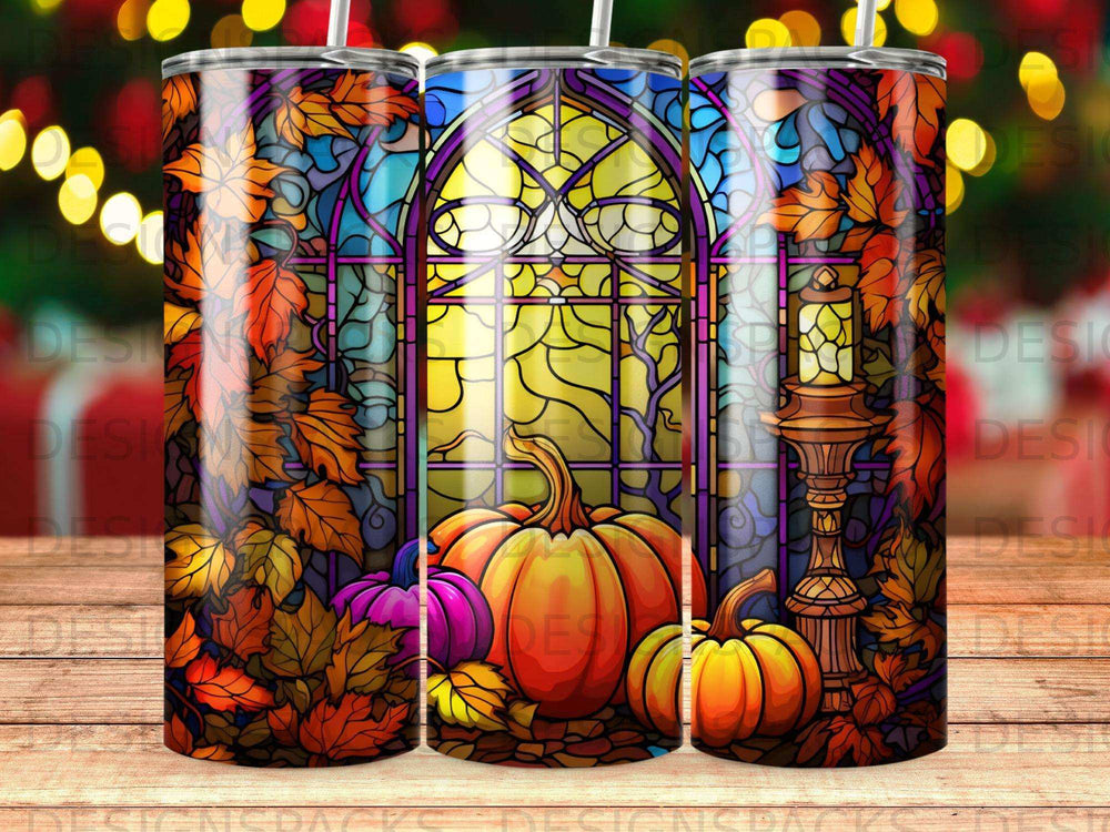 Fall stained glass tumbler with pumpkins and autumn leaves.