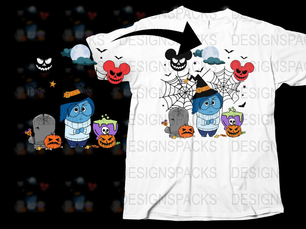 Halloween Themed T-Shirt with Cartoon Ghosts, Pumpkins, and Bats for Kids and Adults.