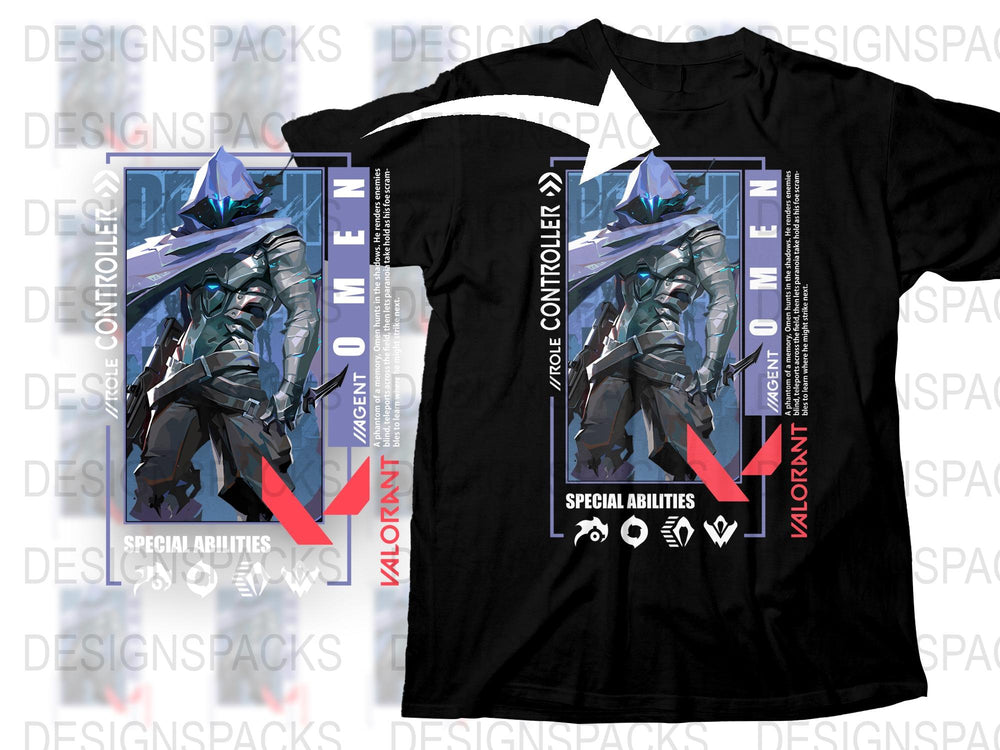 Valorant Agent Omen T-Shirt, Special Abilities Gaming Graphic Tee, Unisex Black Cotton Shirt