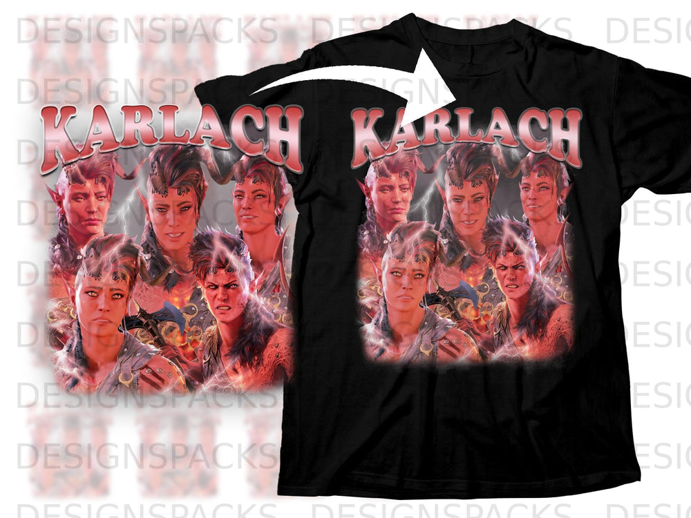 Black t-shirt with "KARLACH" text and a collage of fantasy characters.