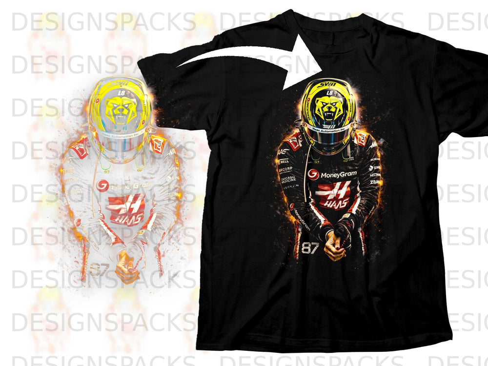 Black t-shirt with a graphic of a Formula 1 driver in a yellow helmet and racing suit.