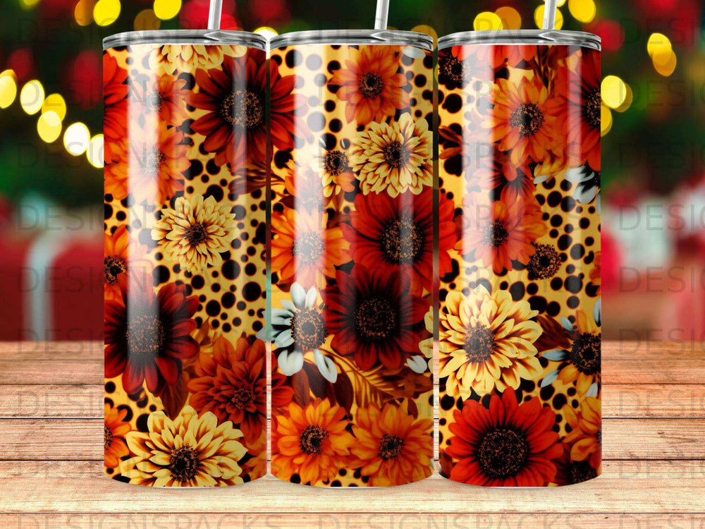 Tumbler with sunflowers and leopard print on a bokeh background.