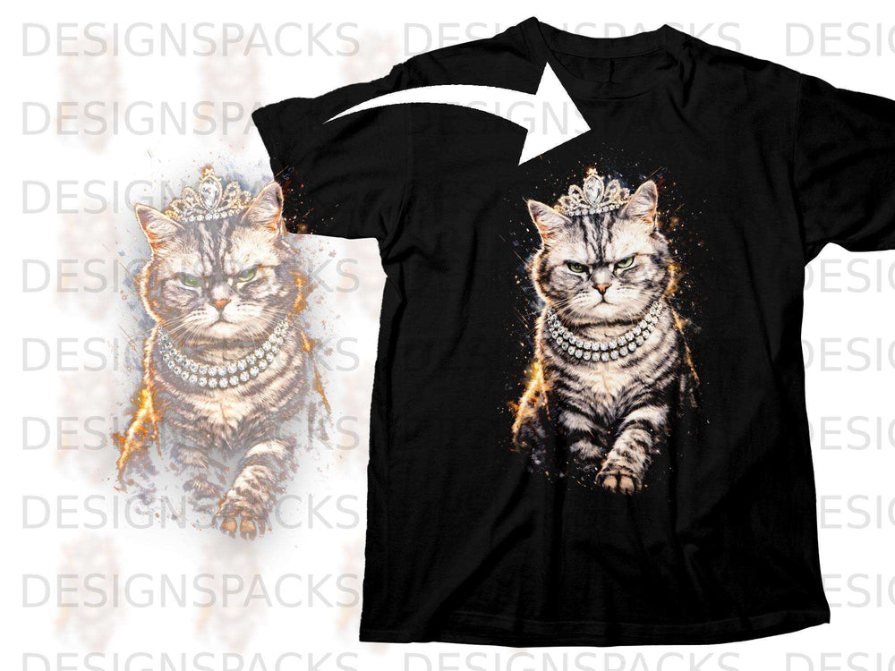 Black t-shirt with a print of a regal cat wearing a crown and pearls.