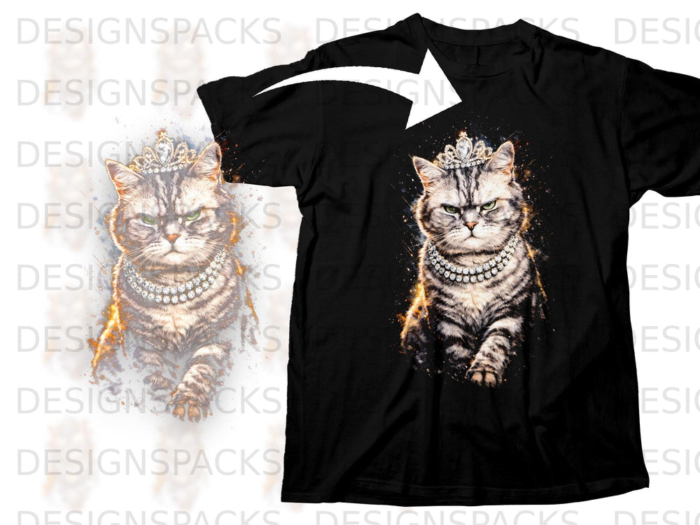 Black t-shirt with a print of a regal cat wearing a crown and pearls.
